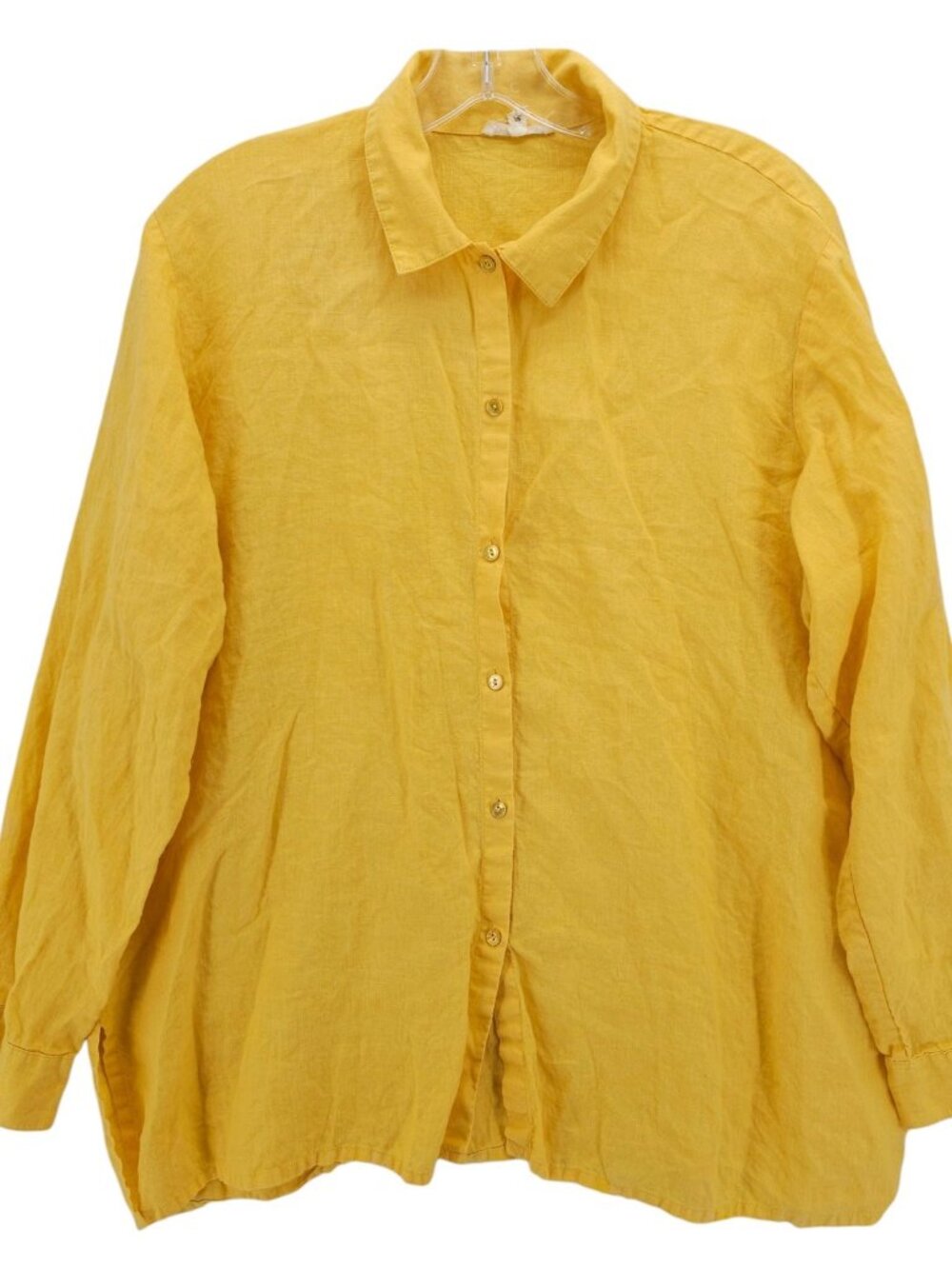 EILEEN FISHER Yellow 100% Irish Linen Button Up Shirt Side Slits Size MEDIUM